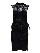 Load image into Gallery viewer, Alice + Olivia Black Lace Dress with Ostrich Feather Trim UK10