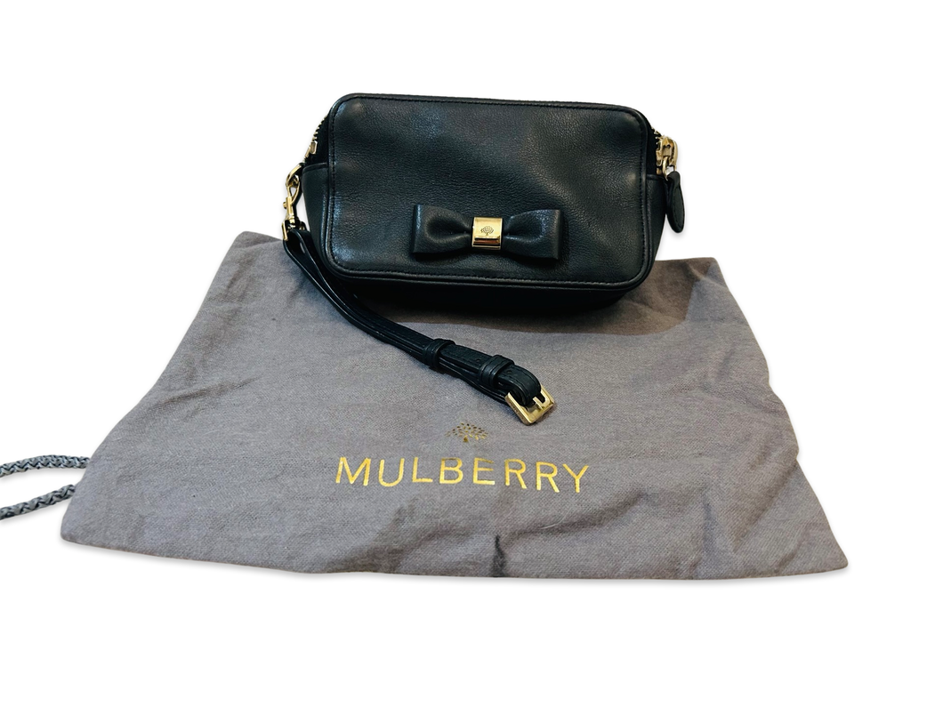 Mulberry Bow Wristlet Double Zip Pouch in Black Silky Classic Calf