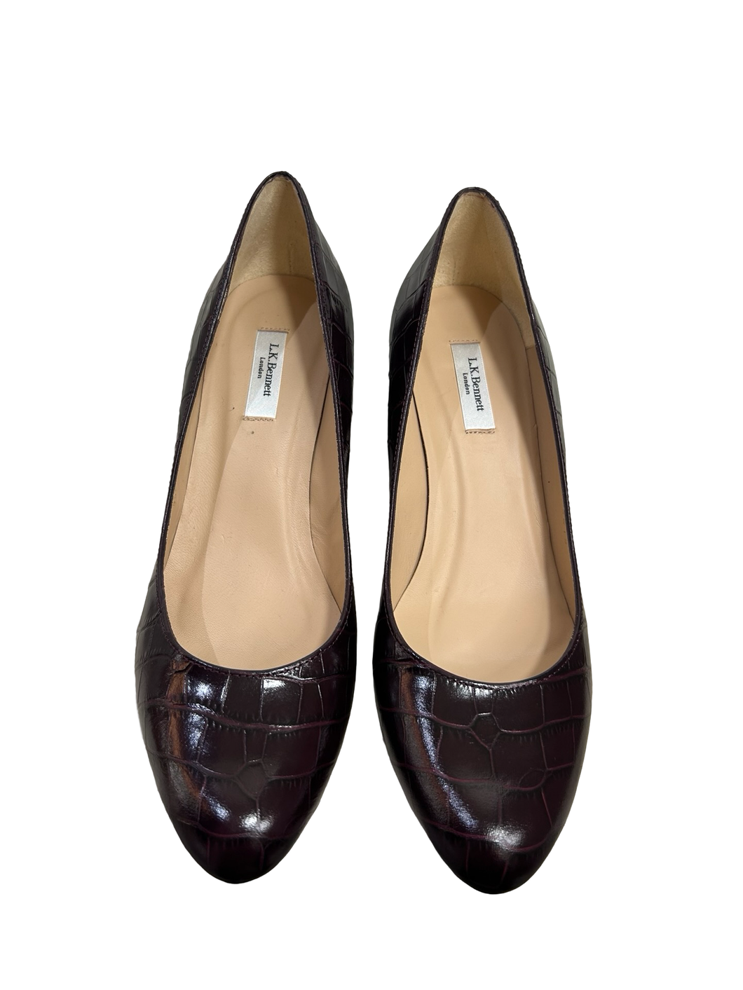 LK Bennett Sersha Burgundy Croc Effect Leather Block Heel Courts in UK6.5 EU39.5