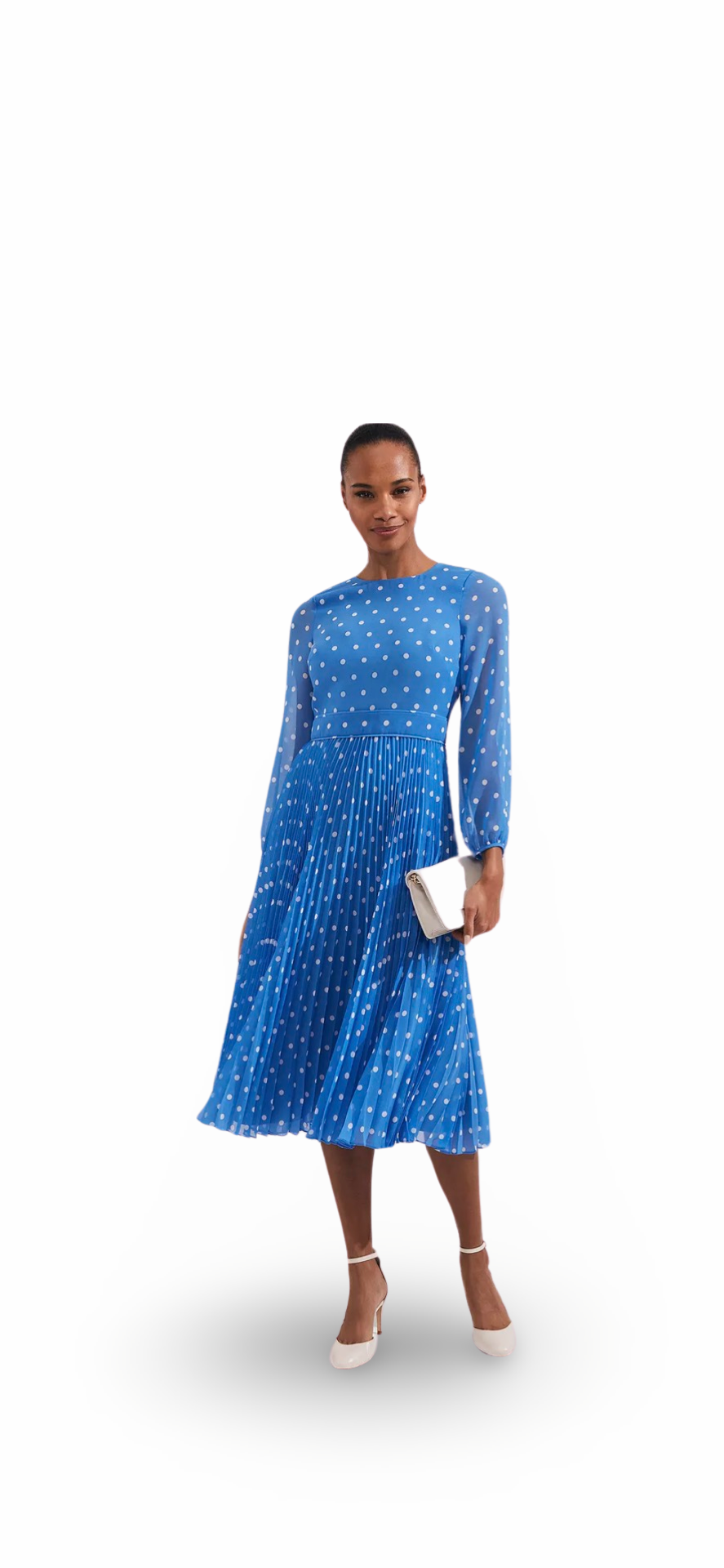 Hobbs Selena Polka Dot Pleated Dress, Blue/Ivory UK12