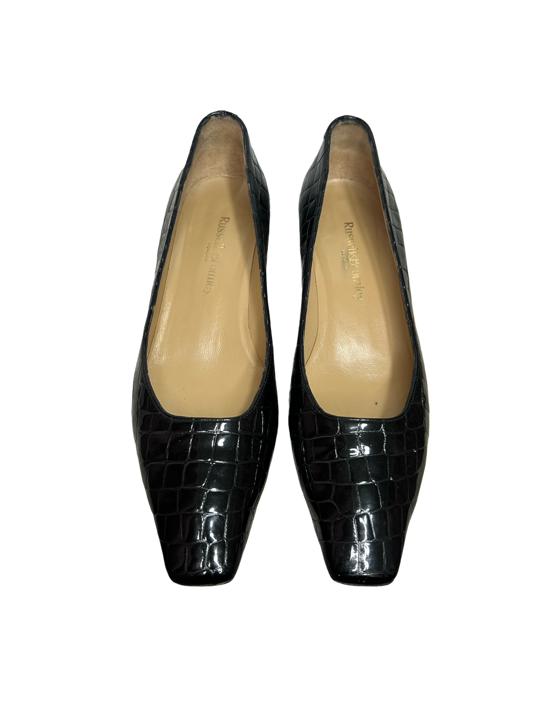 Russell & Bromley Black Croc Effect Patent Leather Kitten Heel Courts in UK6