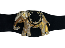 Load image into Gallery viewer, Vintage 80&#39;s Henryks Bijoux Vienne Black Suede Leather Jewelled Elephant Cinch Belt 
 75cm
