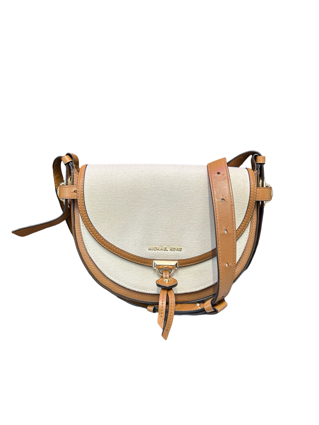 Michael Kors Mara Crossbody Saddle Bag in Natural Canvas and Tan Leather