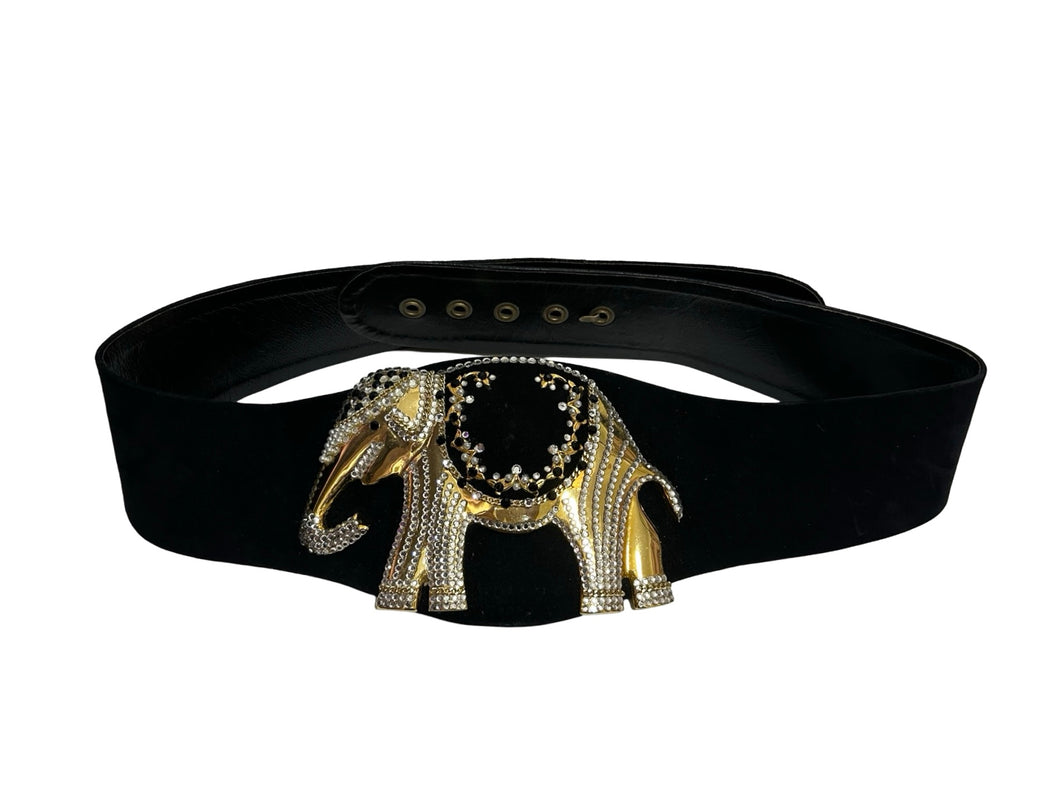 Vintage 80's Henryks Bijoux Vienne Black Suede Leather Jewelled Elephant Cinch Belt 
 75cm