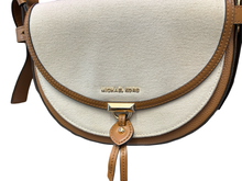 Load image into Gallery viewer, Michael Kors Mara Crossbody Saddle Bag in Natural Canvas and Tan Leather
