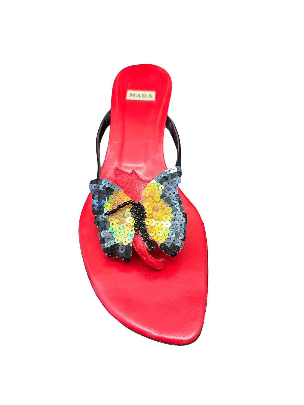 Mara Vintage Butterfly Black Toe Post Heeled Sandals UK4