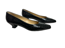 Load image into Gallery viewer, Russell &amp; Bromley Black Croc Effect Patent Leather Kitten Heel Courts in UK6
