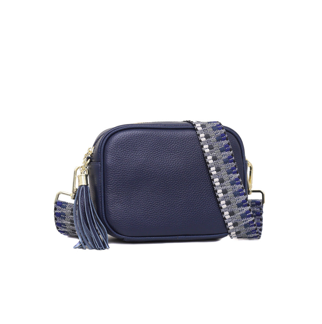 Navy Genuine Leather Crossbody Bag with Canvas Strap