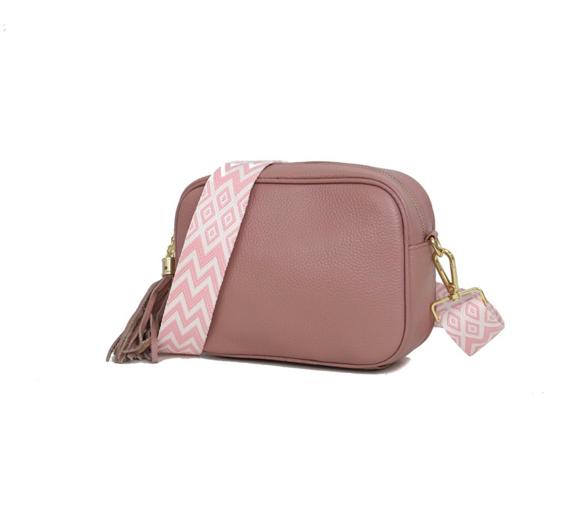 Pink Genuine Leather Crossbody Bag with Canvas Strap