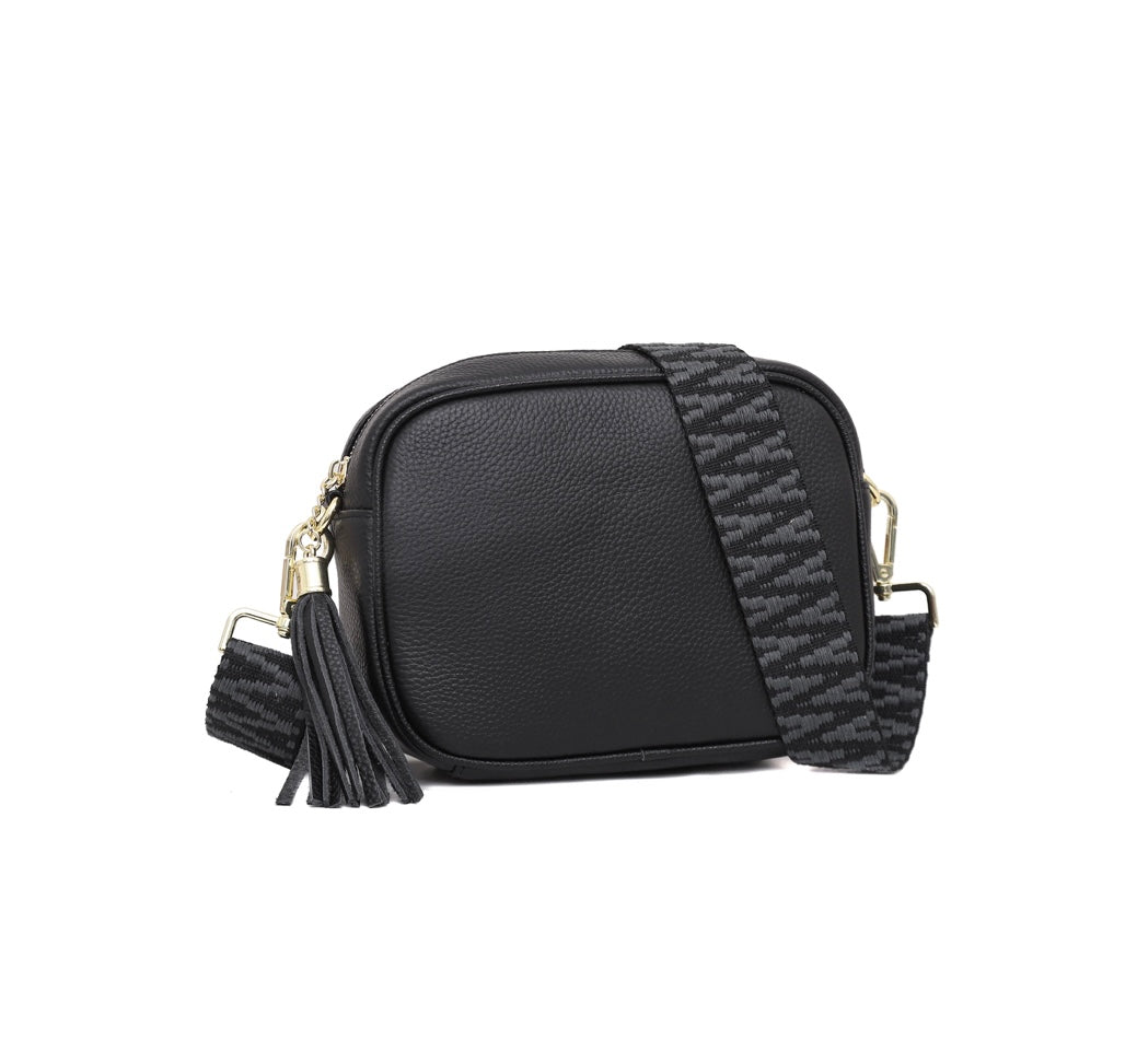 Black Genuine Leather Crossbody Bag with Canvas Strap