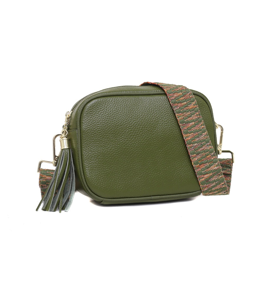 Green Genuine Leather Crossbody Bag with Canvas Strap