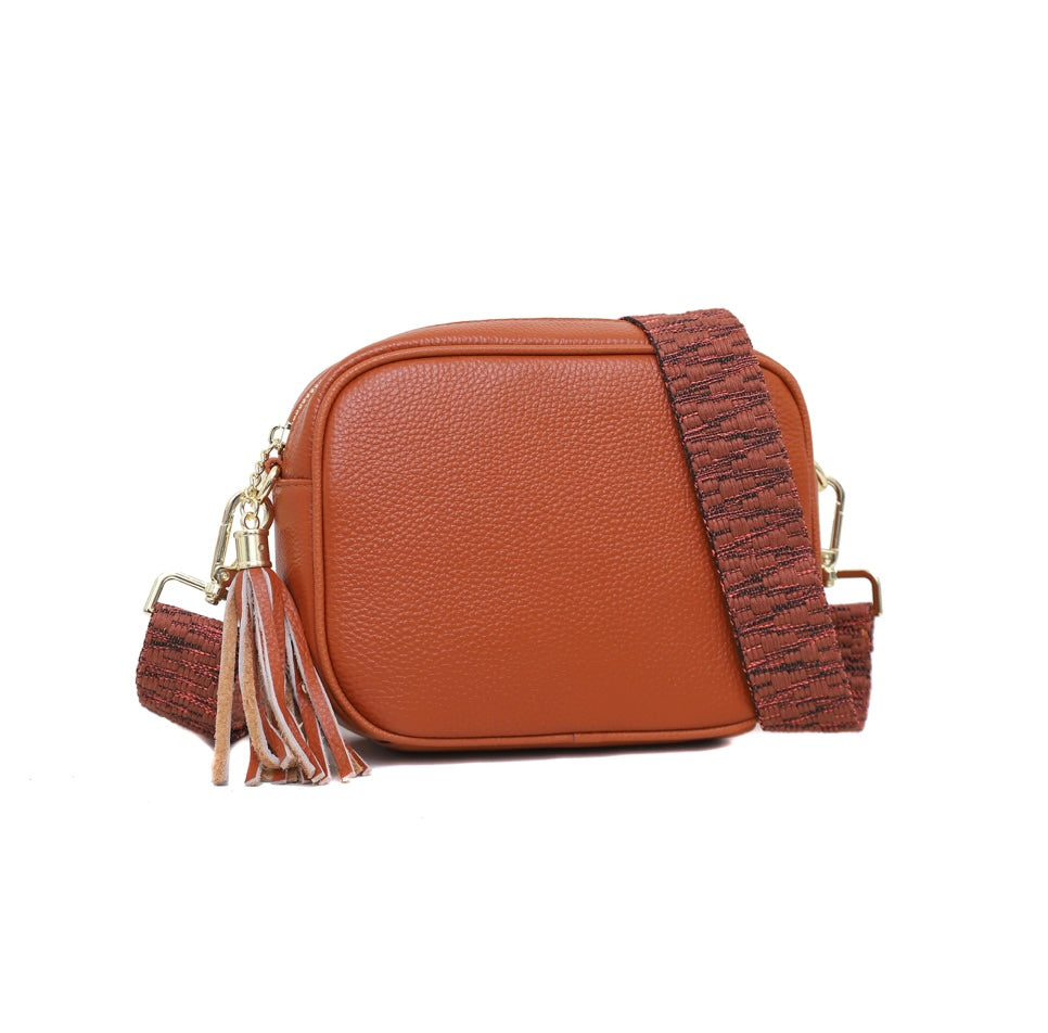 Tan Genuine Leather Crossbody Bag with Canvas Strap