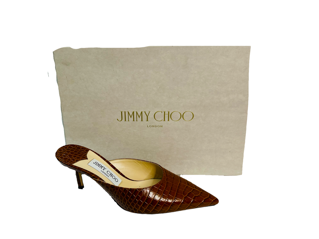 Jimmy Choo Brown Croc Embossed Leather Rav 65 Mules
 UK4