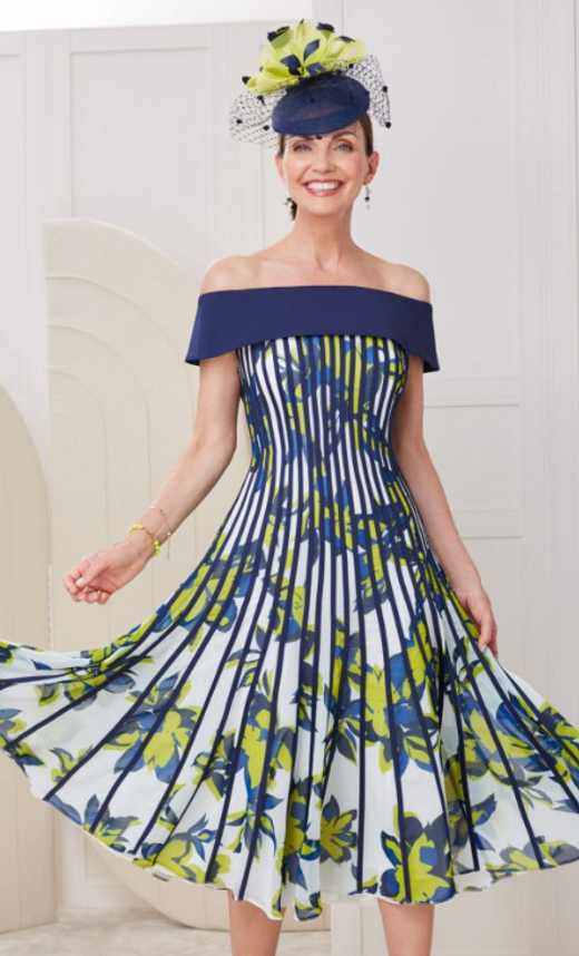 John Charles 29018 Navy and Lime Print Bardot Dress UK18