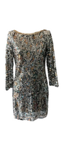 Load image into Gallery viewer, Elie Tahari Vintage Silver Gold Animal Sequin Mini Dress UK10
