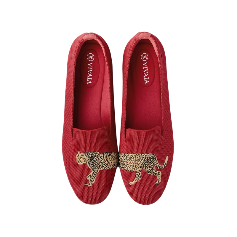Vivaia Audrey Embroidered Loafers in Ruby Red Cheetah UK7