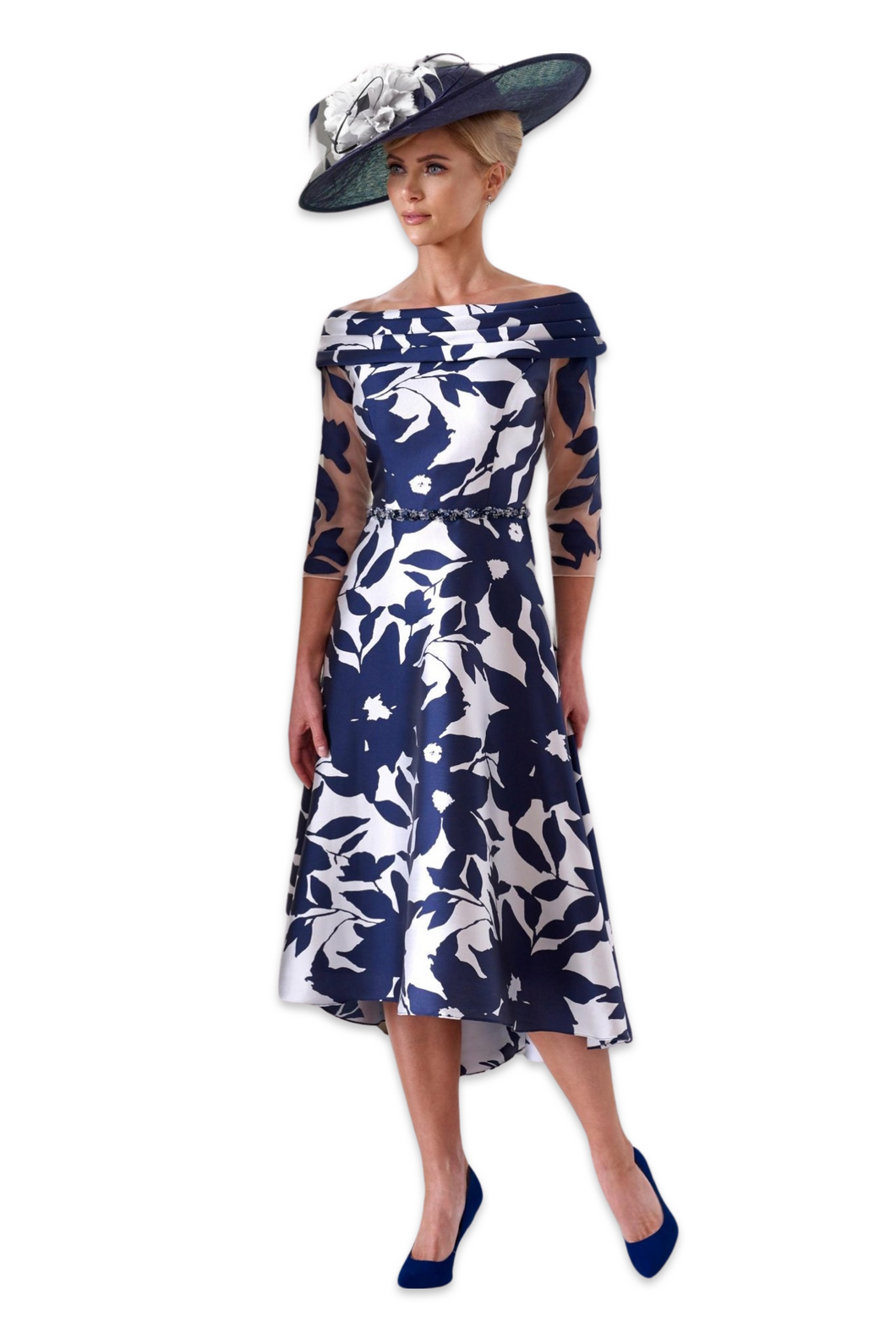 Irresistible Off The Shoulder Floral Detail Dress in Navy & Silver UK10