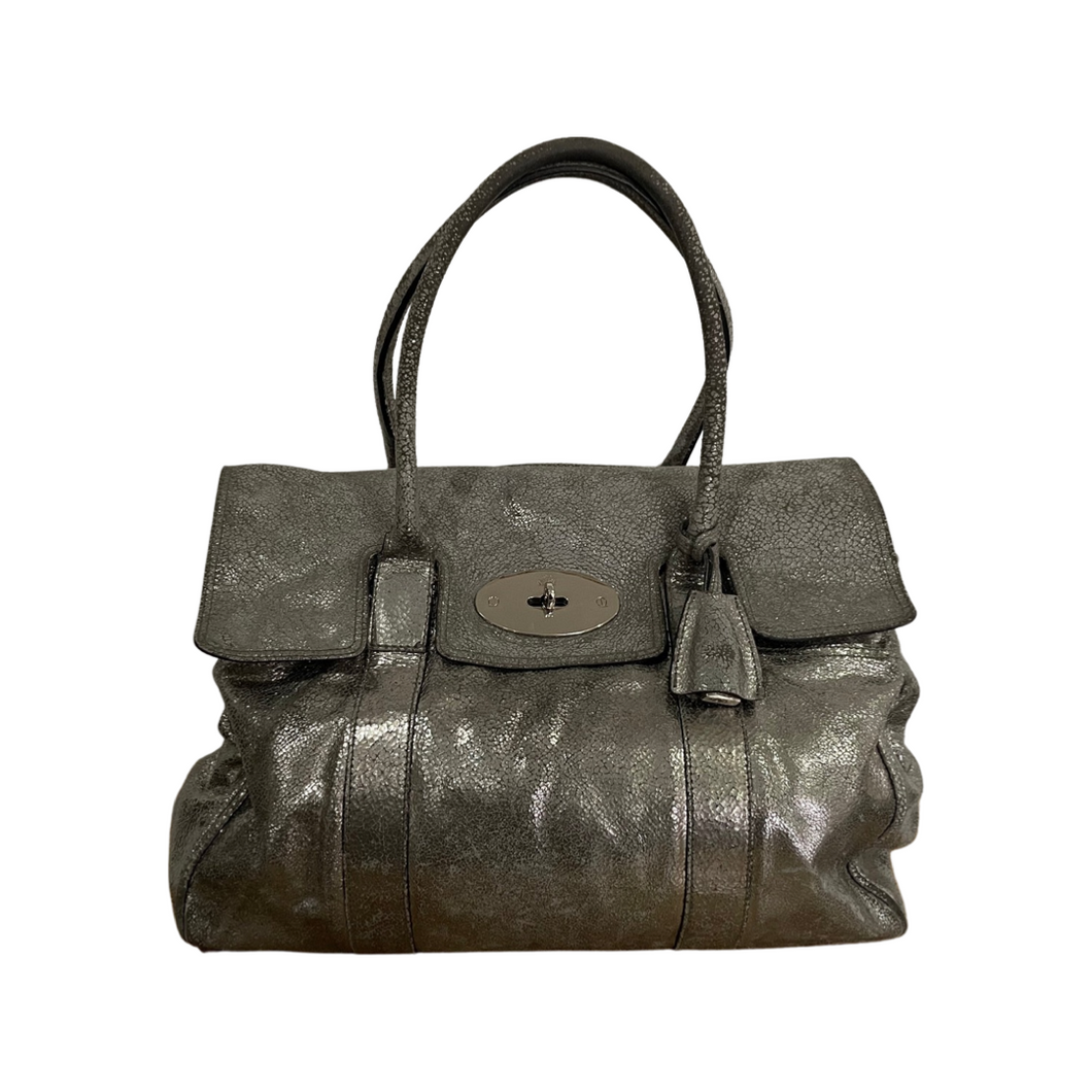 Mulberry Metallic Silver/Pewter Crackle Grazed Leather Bayswater
