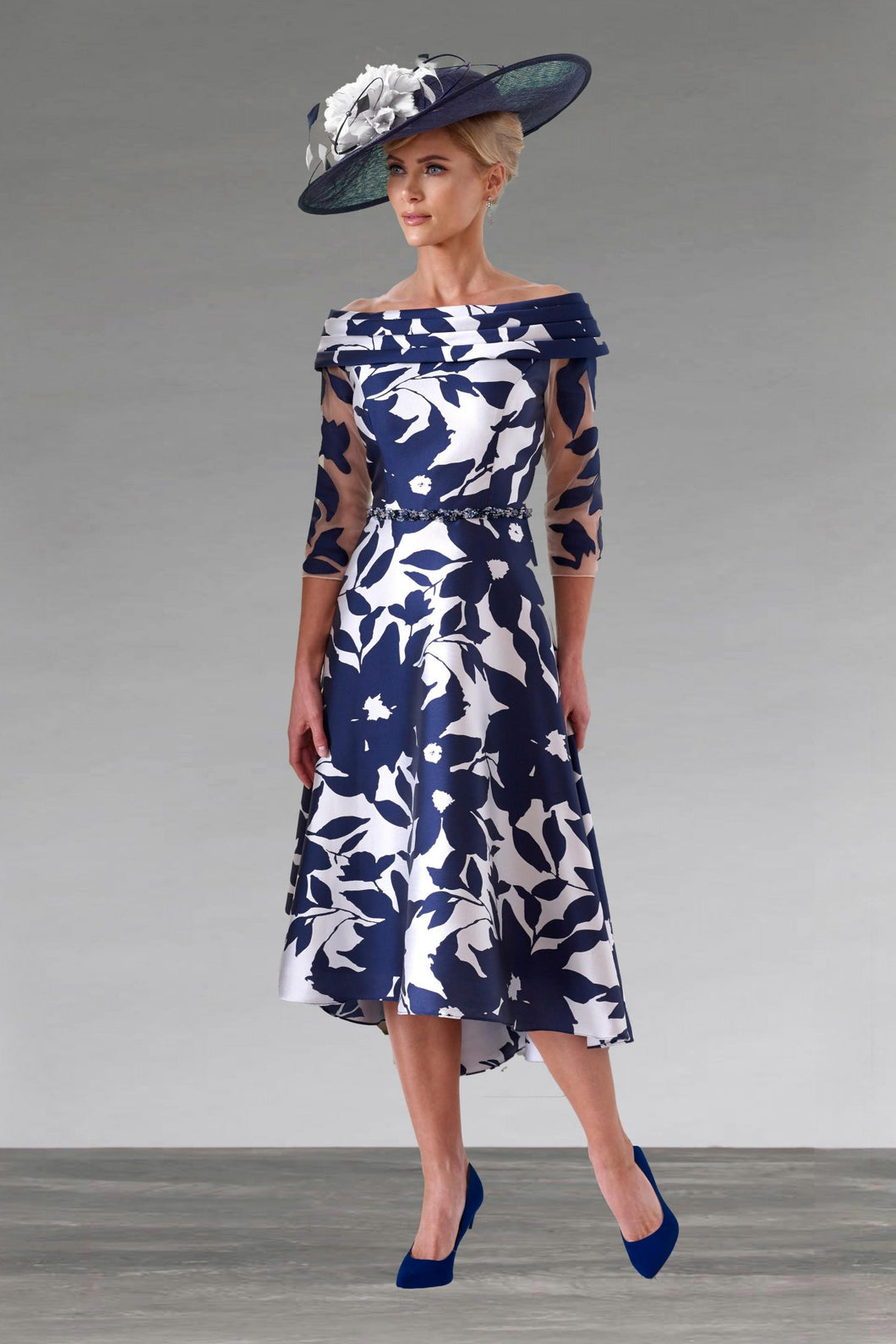 Irresistible Off The Shoulder Floral Detail Dress in Navy & Silver UK10