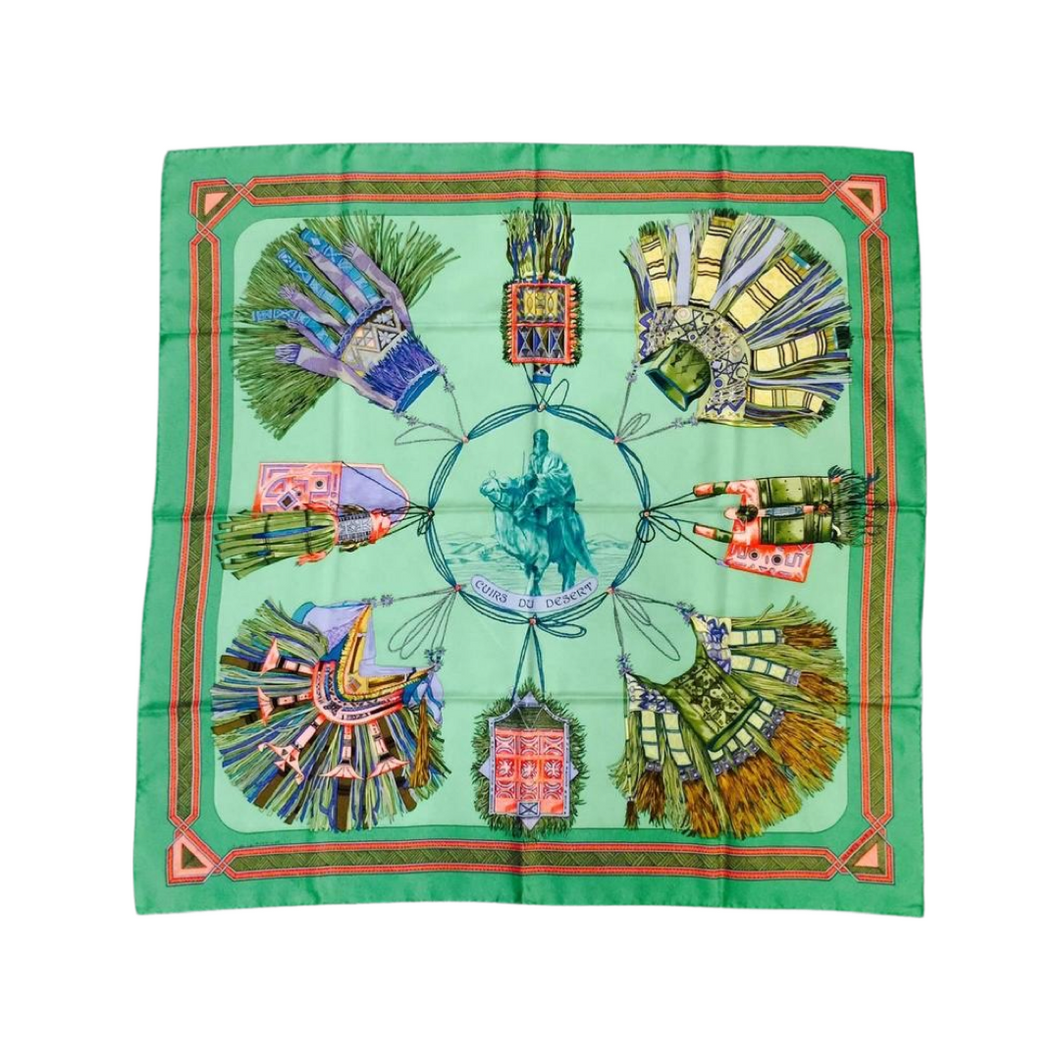 All Proceeds to Charity 🧡💚 
Hermès L Cuirs du Desert Vintage Square Silk Twill Scarf by Francoise de la Perriere